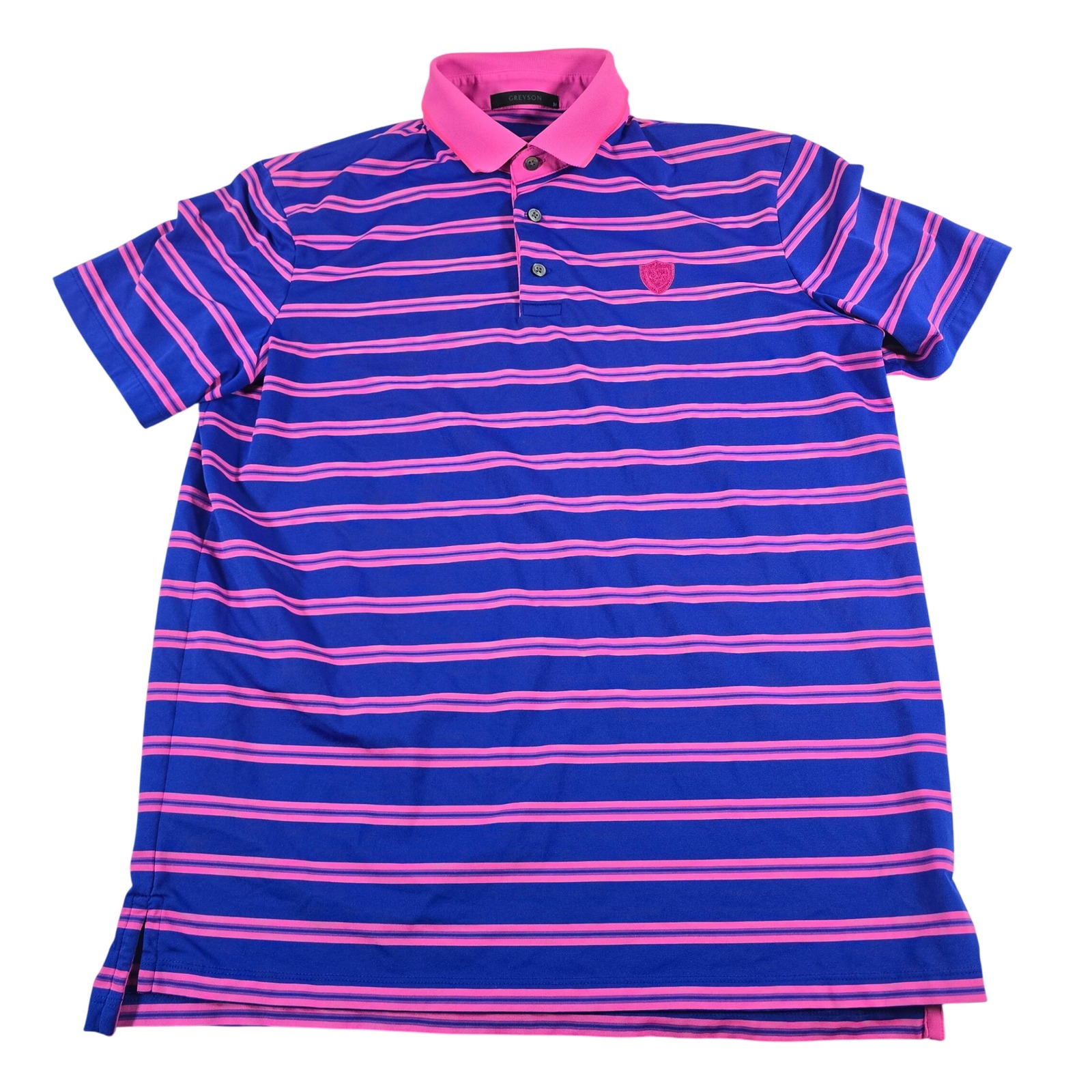 Greyson Mens Blue Pink Striped Performance Polo Shirt Size M Short Sleeve Golf